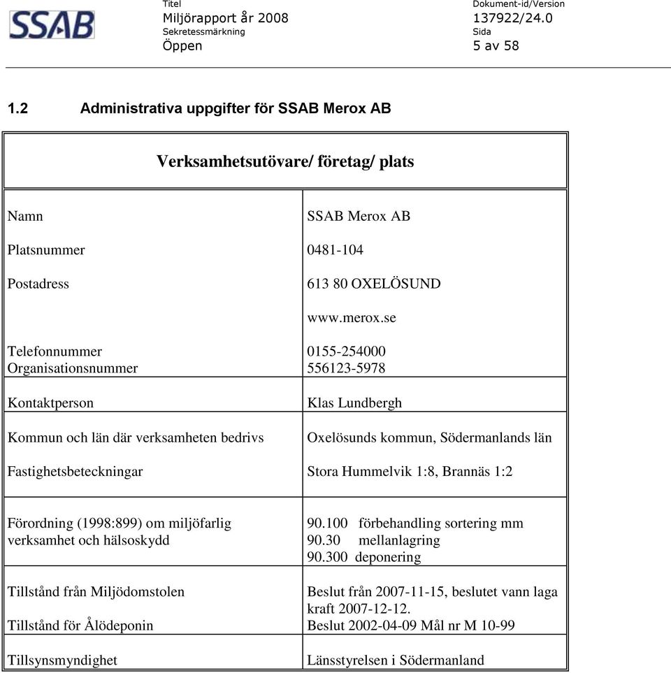Södermanlands län Stora Hummelvik 1:8, Brannäs 1:2 Förordning (1998:899) om miljöfarlig verksamhet och hälsoskydd Tillstånd från Miljödomstolen Tillstånd för Ålödeponin