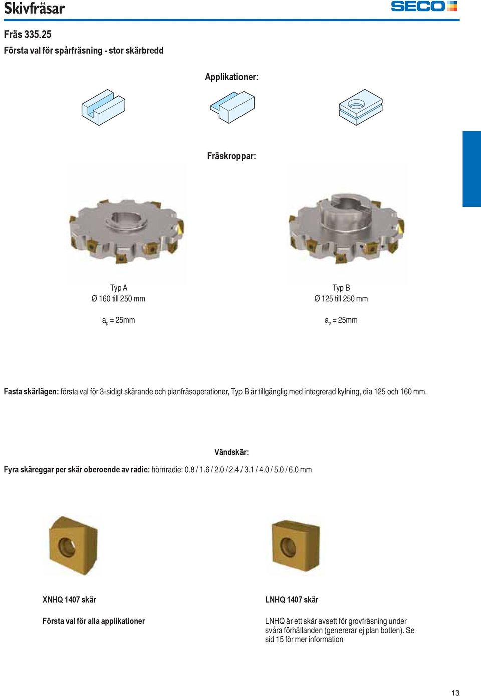 skärlägen: första val för 3-sidigt skärande och planfräsoperationer, Typ B är tillgänglig med integrerad kylning, dia 125 och 160 mm.