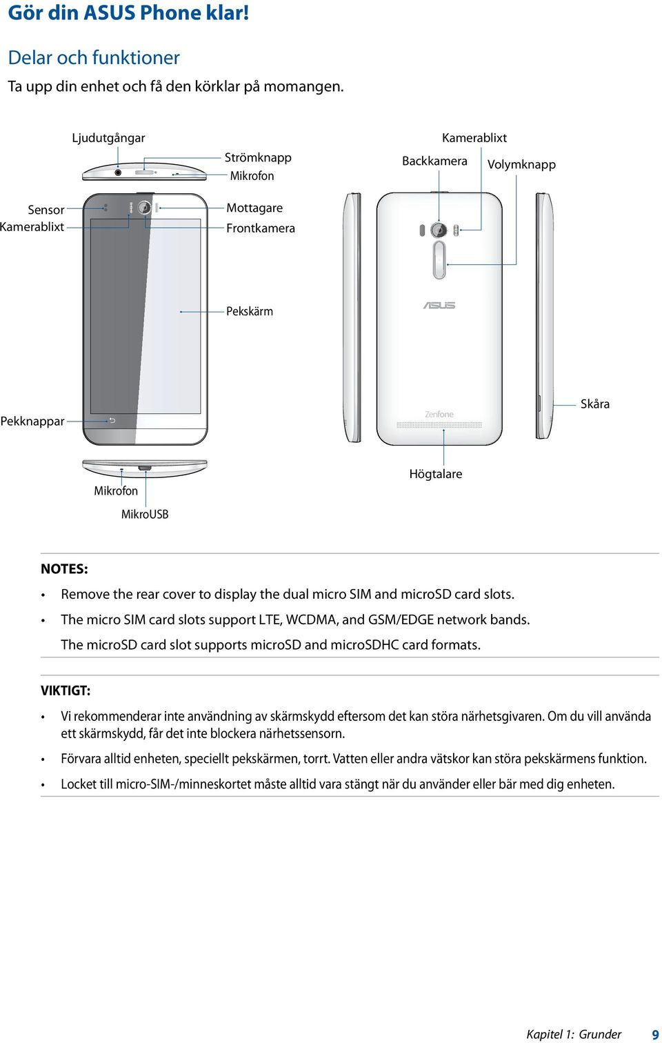 display the dual micro SIM and microsd card slots. The micro SIM card slots support LTE, WCDMA, and GSM/EDGE network bands. The microsd card slot supports microsd and microsdhc card formats.