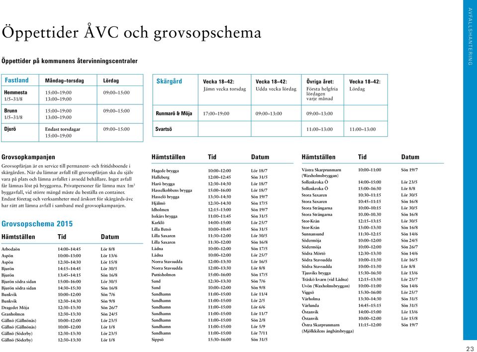 Lördag lördagen varje månad Runmarö & Möja 17:00 19:00 09:00 13:00 09:00 13:00 Svartsö 11:00 13:00 11:00 13:00 Grovsopkampanjen Grovsopfärjan är en service till permanent- och fritidsboende i