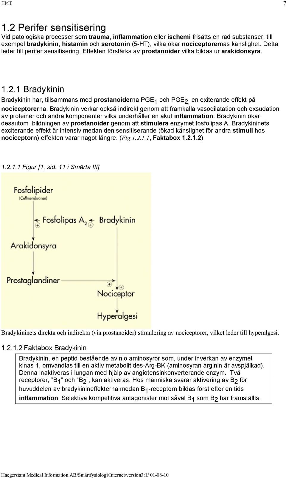 1 Bradykinin Bradykinin har, tillsammans med prostanoiderna PGE 1 och PGE 2, en exiterande effekt på nociceptorerna.