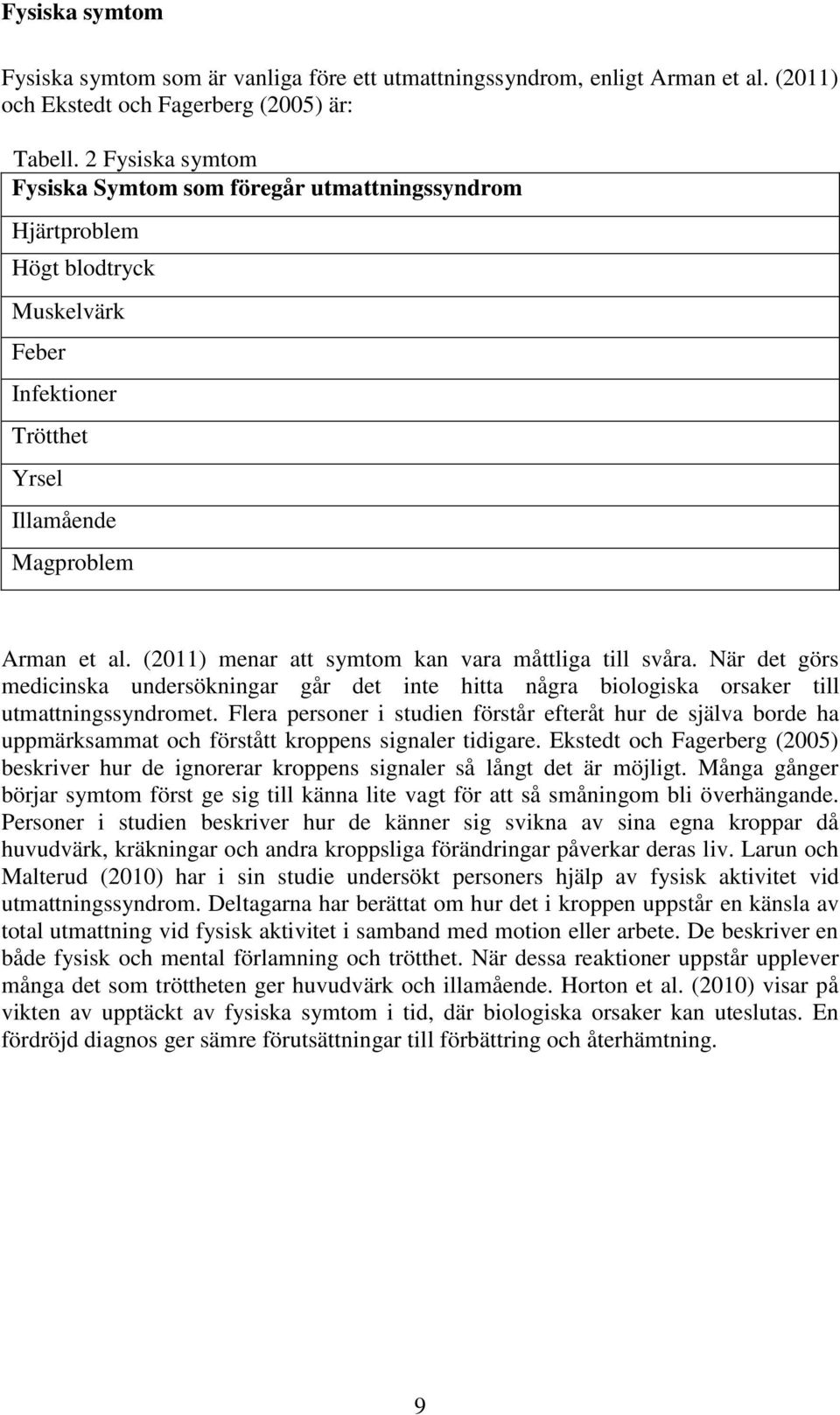 (2011) menar att symtom kan vara måttliga till svåra. När det görs medicinska undersökningar går det inte hitta några biologiska orsaker till utmattningssyndromet.