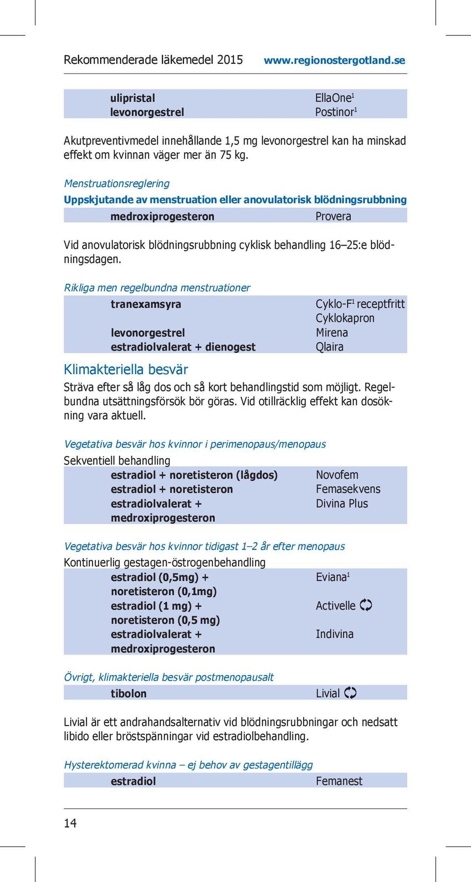 Rikliga men regelbundna menstruationer tranexamsyra levonorgestrel estradiolvalerat + dienogest Cyklo-F 1 receptfritt Cyklokapron Mirena Qlaira Klimakteriella besvär Sträva efter så låg dos och så