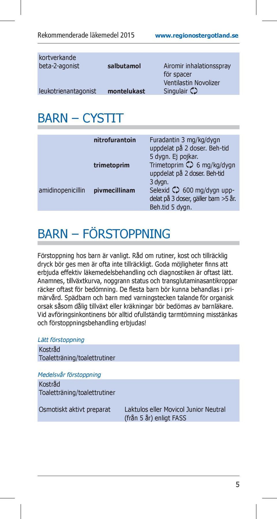 amidinopenicillin pivmecillinam Selexid 600 mg/dygn upp - delat på 3 doser, gäller barn >5 år. Beh.tid 5 dygn. BARN FÖRSTOPPNING Förstoppning hos barn är vanligt.