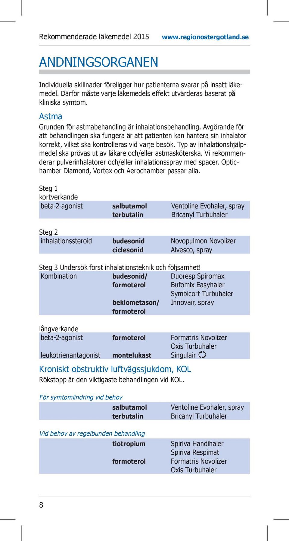 Typ av inhalationshjälpmedel ska prövas ut av läkare och/eller astmasköterska. Vi rekommenderar pulverinhalatorer och/eller inhalationsspray med spacer.