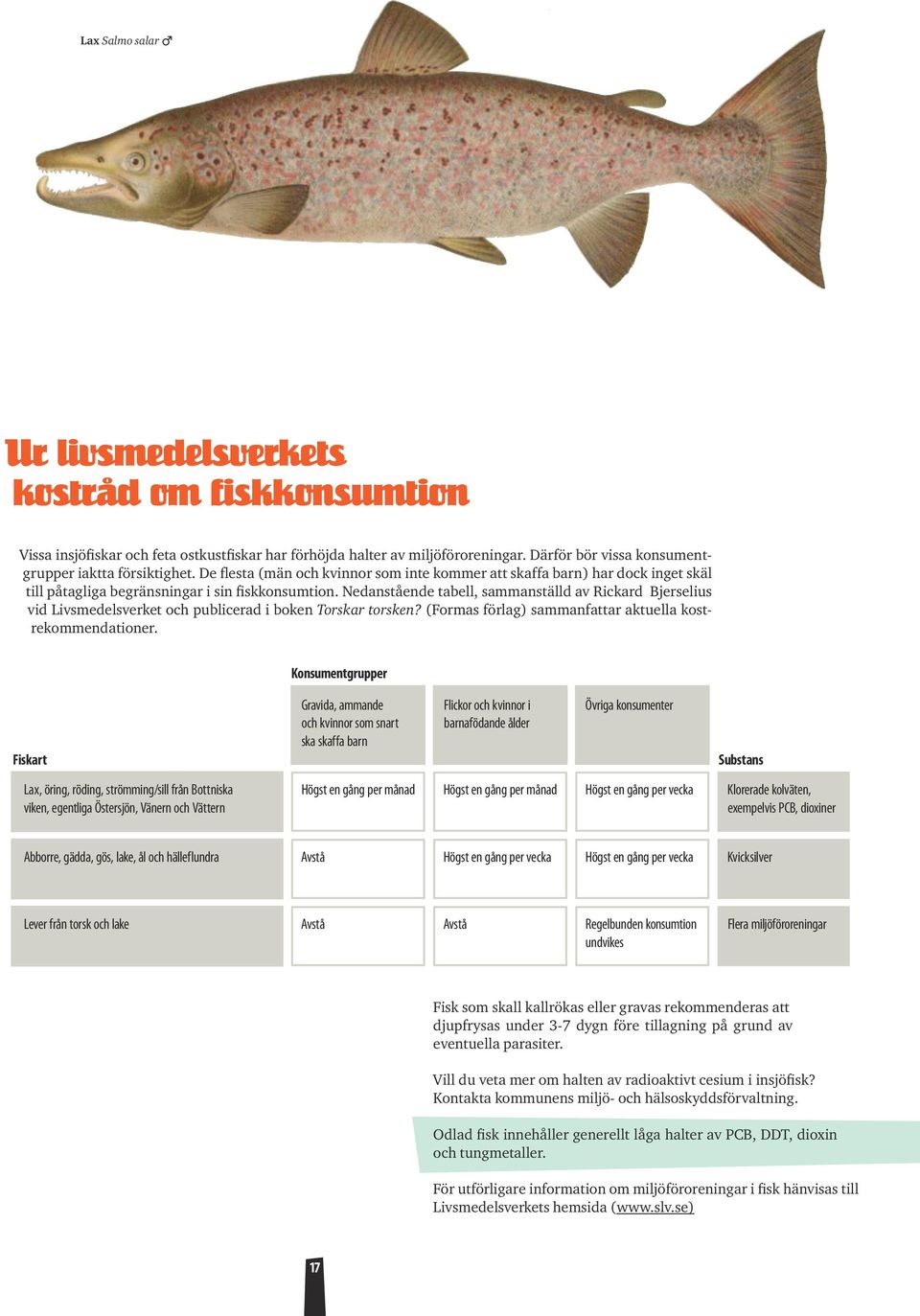 Nedanstående tabell, sammanställd av Rickard Bjerselius vid Livsmedelsverket och publicerad i boken Torskar torsken? (Formas förlag) sammanfattar aktuella kostrekommendationer.
