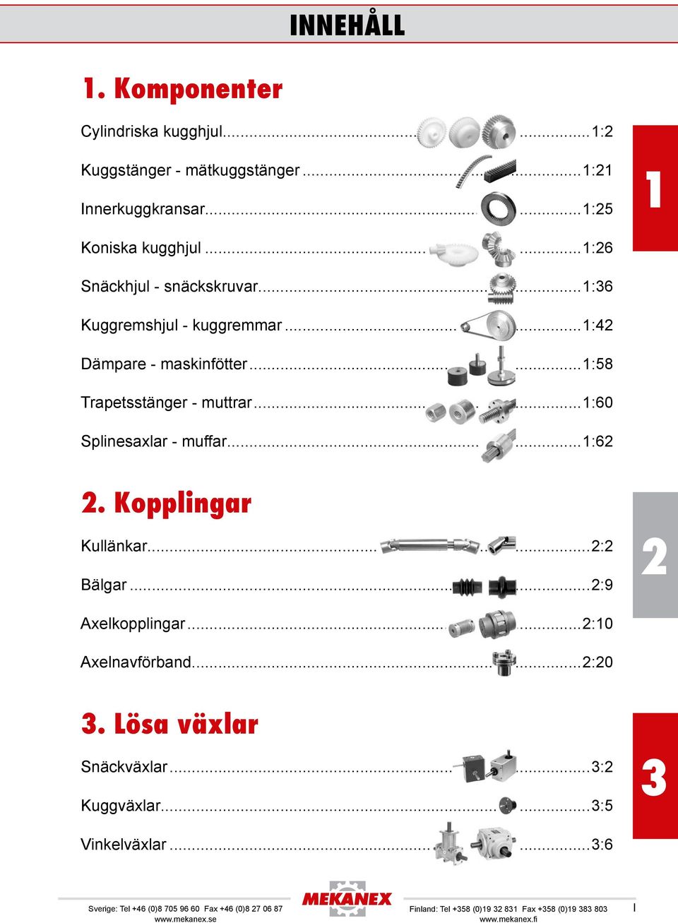 ..:60 Splinesaxlar - muffar...:62 2. Kopplingar Kullänkar...2:2 Bälgar...2:9 2 Axelkopplingar...2:0 Axelnavförban...2:20 3.