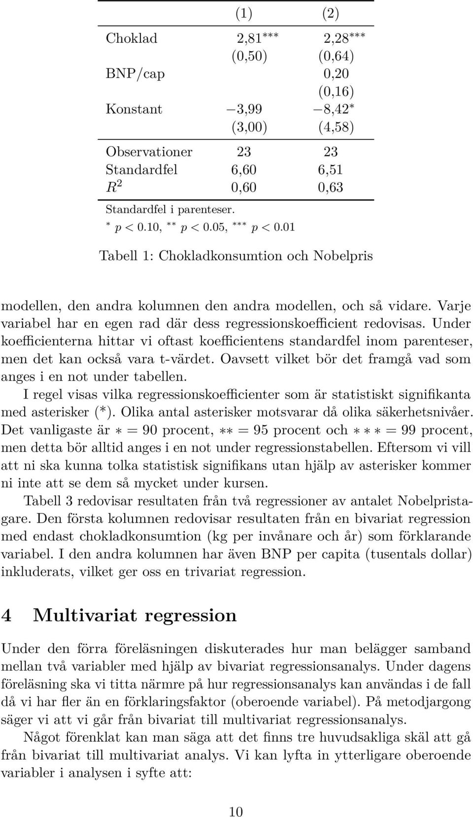 Under koefficienterna hittar vi oftast koefficientens standardfel inom parenteser, men det kan också vara t-värdet. Oavsett vilket bör det framgå vad som anges i en not under tabellen.