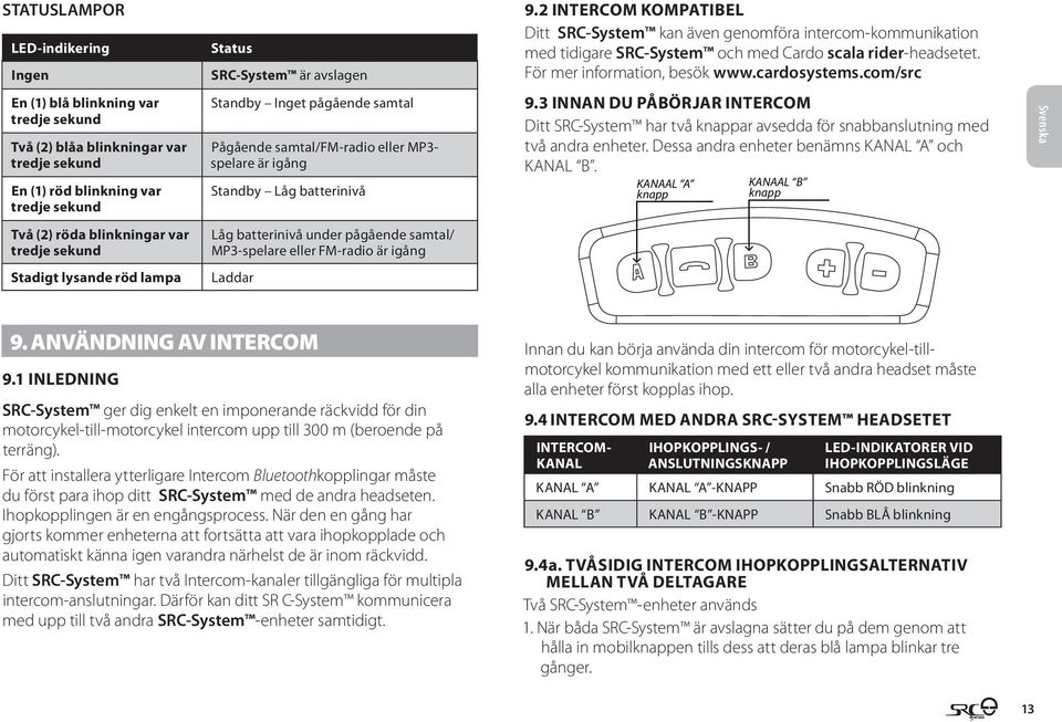 com/src En (1) blå blinkning var tredje sekund Två (2) blåa blinkningar var tredje sekund En (1) röd blinkning var tredje sekund Standby Inget pågående samtal Pågående samtal/fm-radio eller MP3-