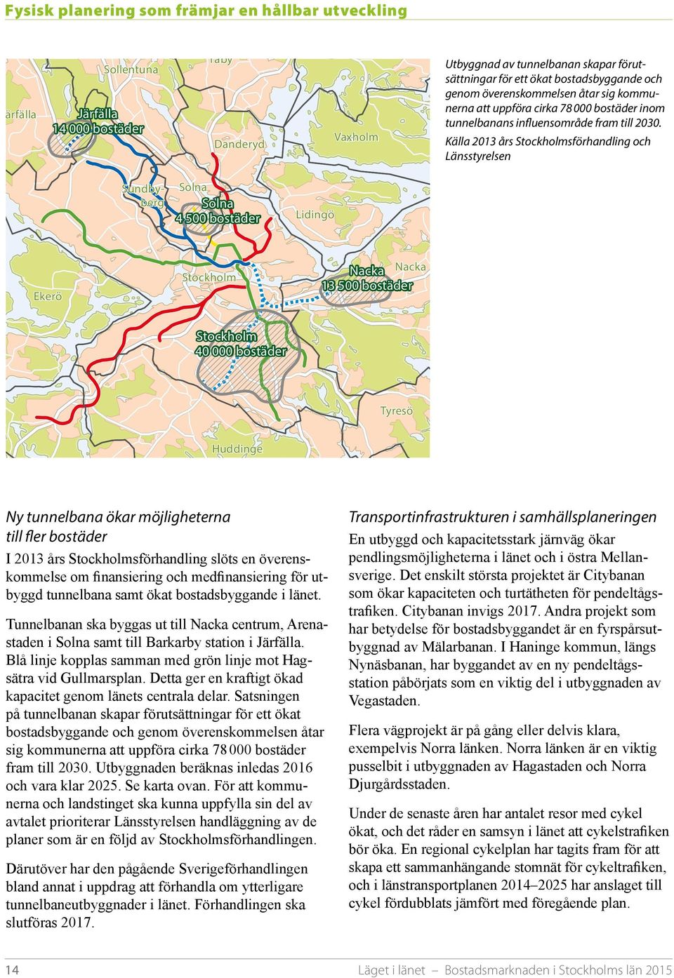 Källa 2013 års Stockholmsförhandling och Länsstyrelsen Sundbyberg Solna Solna 4 500 bostäder Lidingö Ekerö Stockholm Nacka Nacka 13 500 bostäder Stockholm 40 000 bostäder lem Huddinge Tyresö Ny