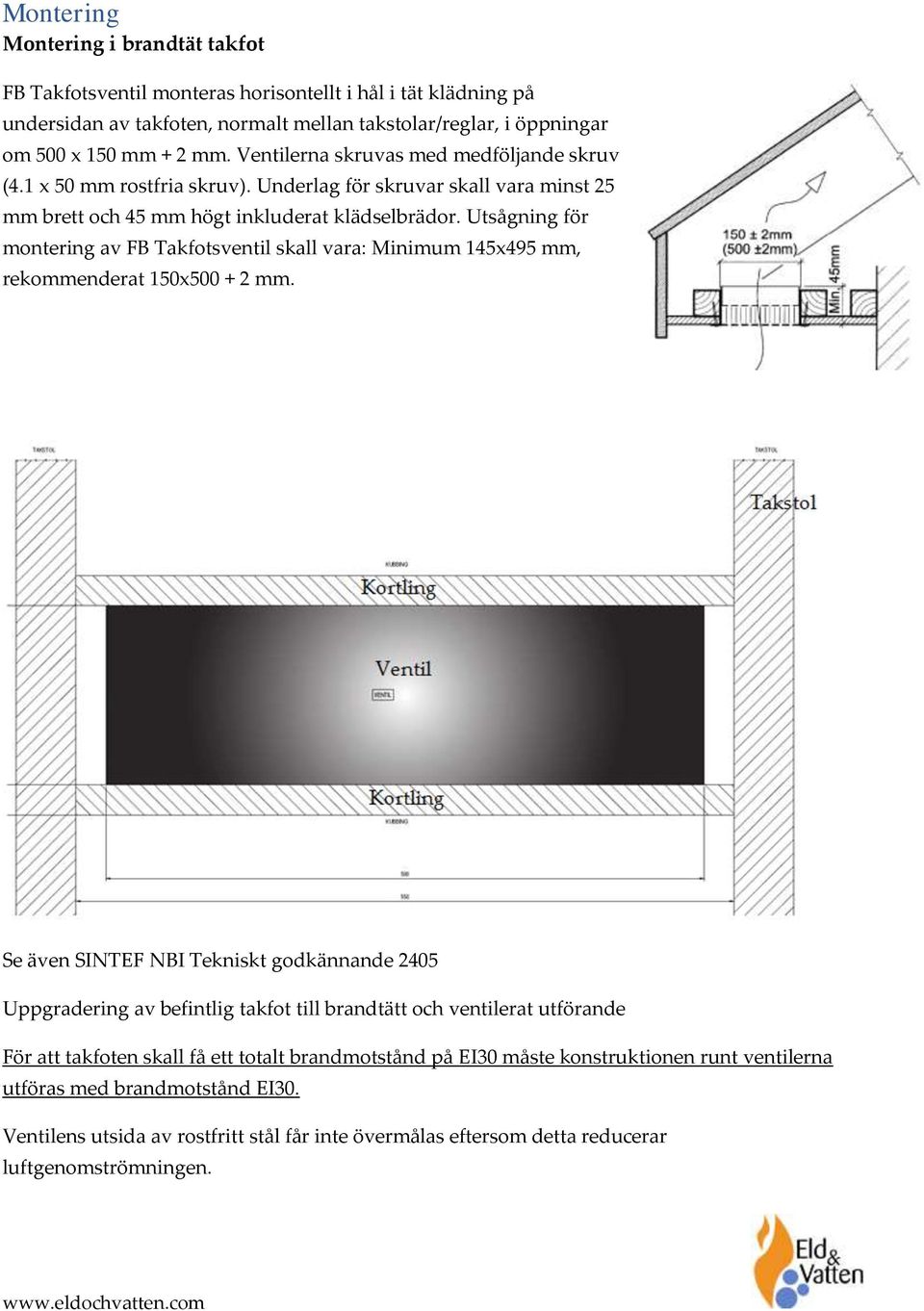 Utsågning för montering av FB Takfotsventil skall vara: Minimum 145x495 mm, rekommenderat 150x500 + 2 mm.