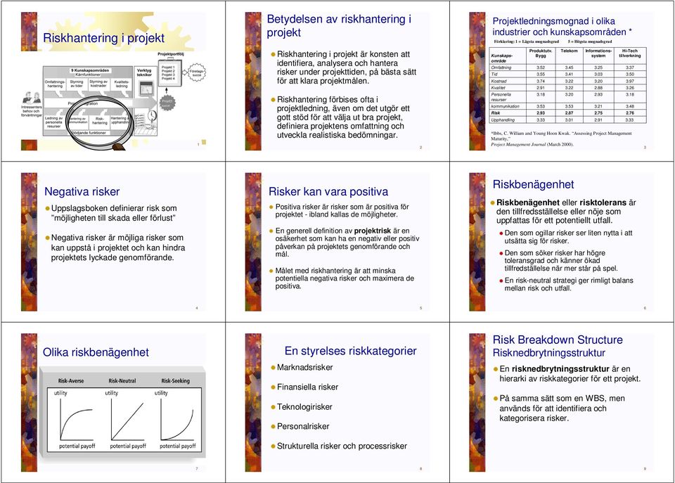 Projektledningsmognad i olika industrier och kunskapsområden * Förklaring: = Lägsta mognadsgrad Informationssystem Kunskapsområde Omfattning Tid Kostnad Kvalitet Personella resurser kommunikation