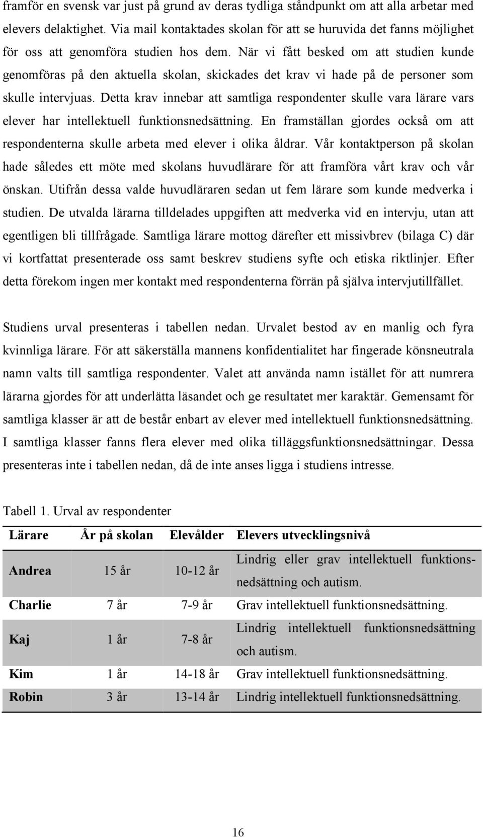 När vi fått besked om att studien kunde genomföras på den aktuella skolan, skickades det krav vi hade på de personer som skulle intervjuas.