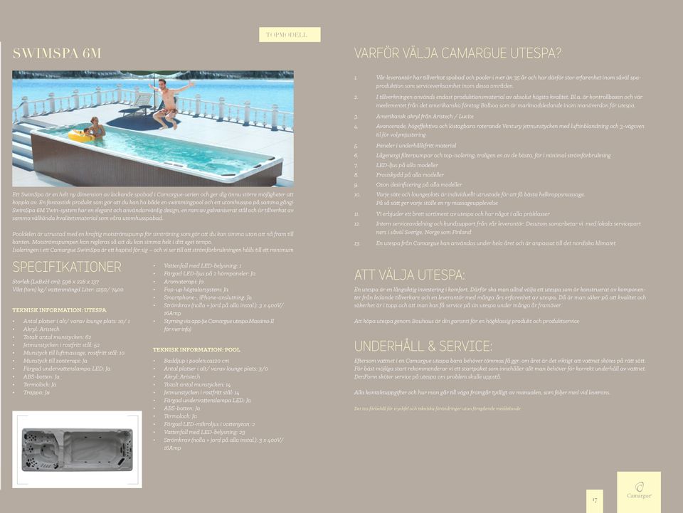 SwimSpa 6M Twin-system har en elegant och användarvänlig design, en ram av galvaniserat stål och är tillverkat av samma välkända kvalitetsmaterial som våra utomhusspabad.