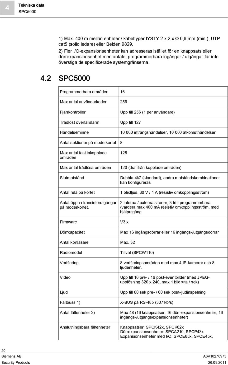 2 SPC5000 Programmerbara områden 16 Max antal användarkoder 256 Fjärrkontroller Upp till 256 (1 per användare) Trådlöst överfallslarm Upp till 127 Händelseminne 10 000 intrångshändelser, 10 000