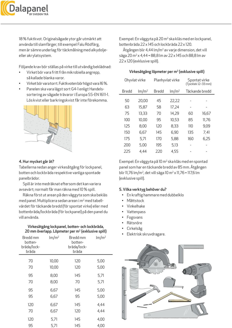 Panelen ska vara lägst sort G4-1 enligt Handelssortering av sågade trävaror i Europa SS-EN 1611-1. Lös kvist eller barkringskvist får inte förekomma. 4. Hur mycket går åt?