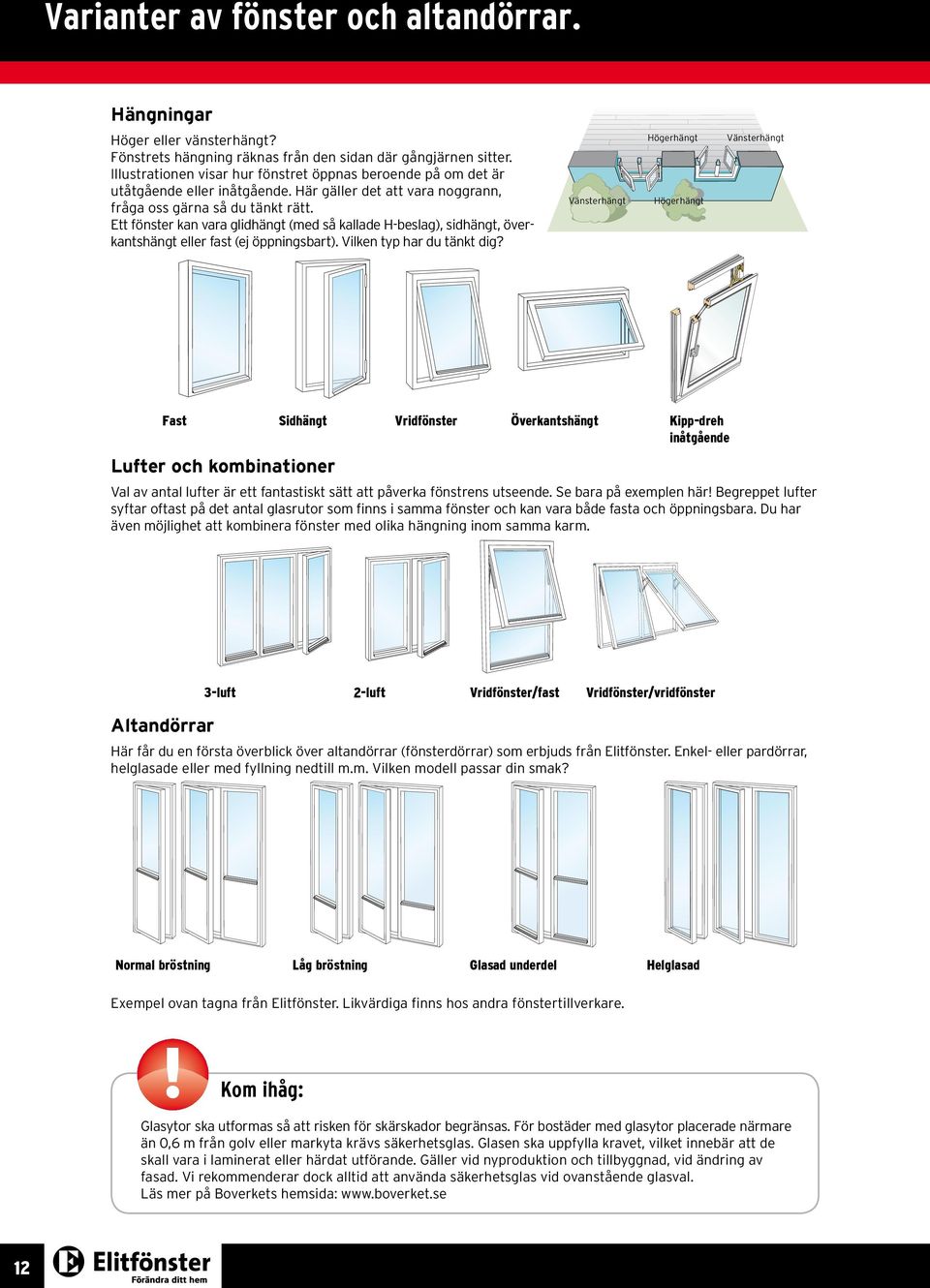 Ett fönster kan vara glidhängt (med så kallade H-beslag), sidhängt, överkantshängt eller fast (ej öppningsbart). Vilken typ har du tänkt dig?
