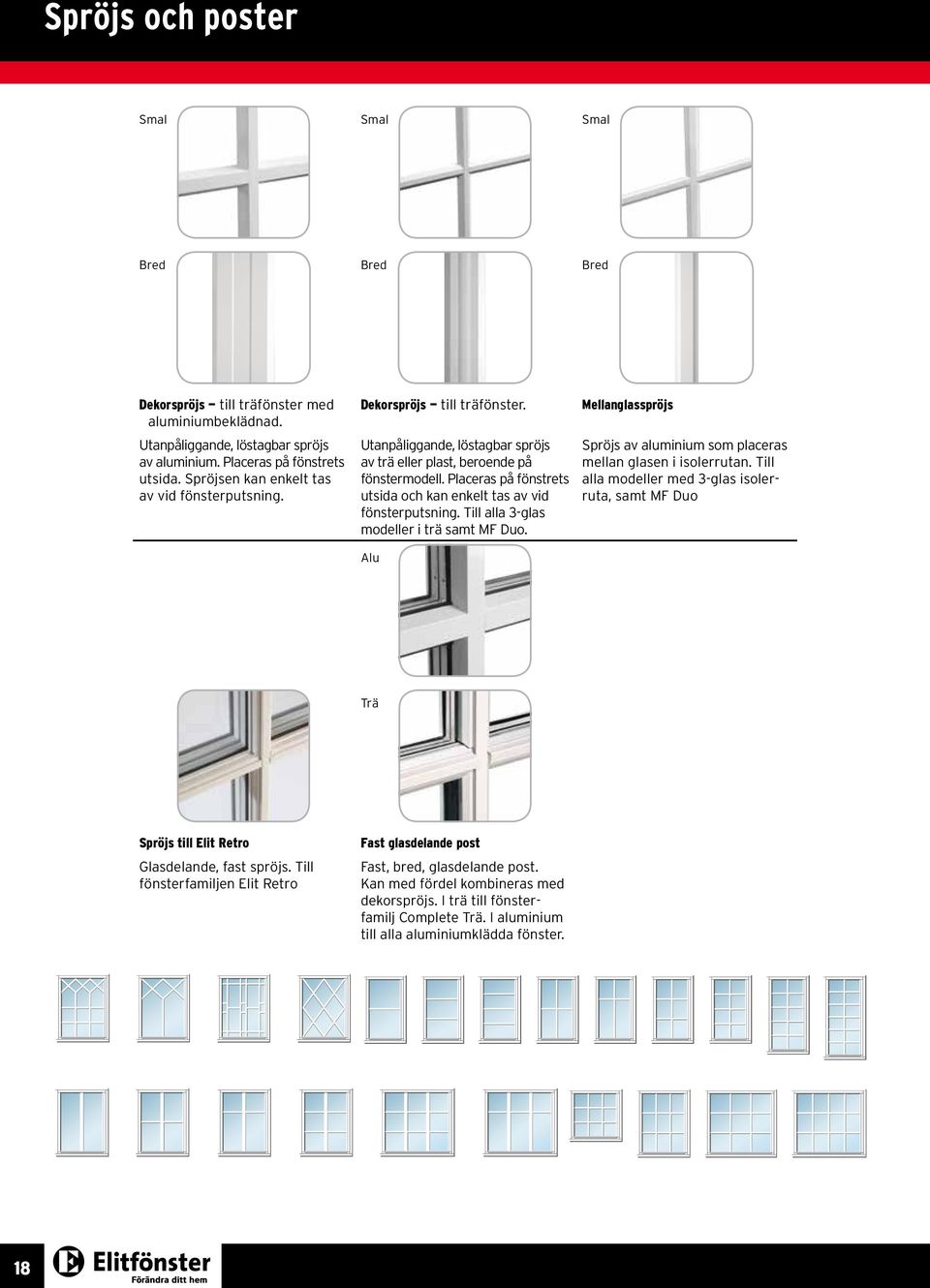 Placeras på fönstrets utsida och kan enkelt tas av vid fönsterputsning. Till alla 3-glas modeller i trä samt MF Duo. Alu Mellanglasspröjs Spröjs av aluminium som placeras mellan glasen i isolerrutan.