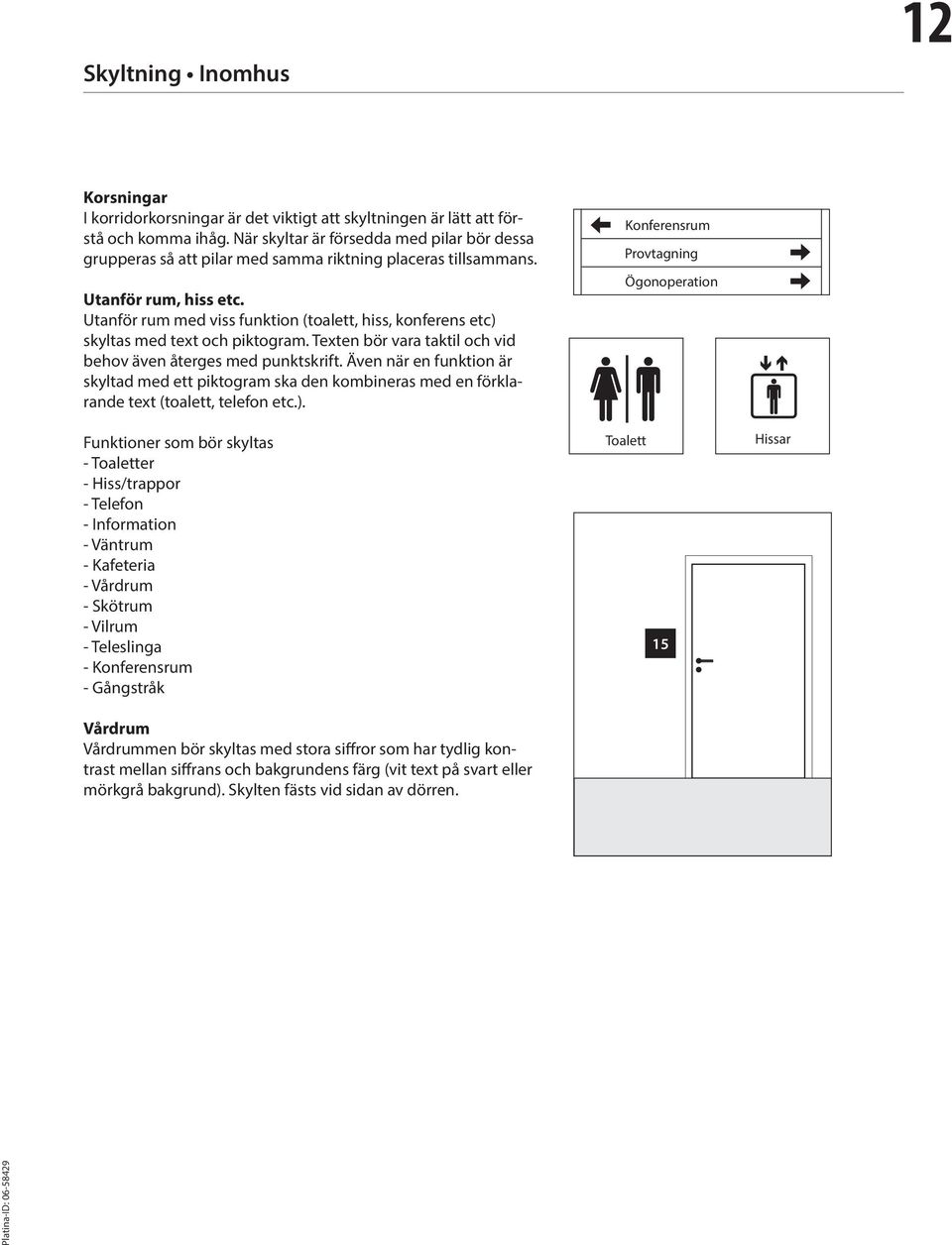 Utanför rum med viss funktion (toalett, hiss, konferens etc) skyltas med text och piktogram. Texten bör vara taktil och vid behov även återges med punktskrift.
