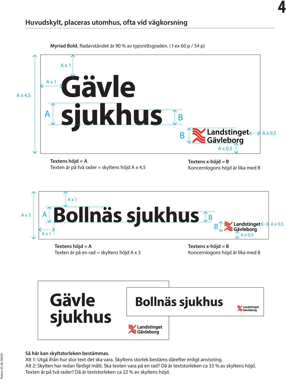 x 3 A A x 1 Bollnäs sjukhus B B A x 0,5 A x 0,5 Textens höjd = A Texten är på en rad = skyltens höjd A x 3 Textens x-höjd = B Koncernlogons höjd är lika med B Gävle sjukhus Bollnäs sjukhus Så här kan