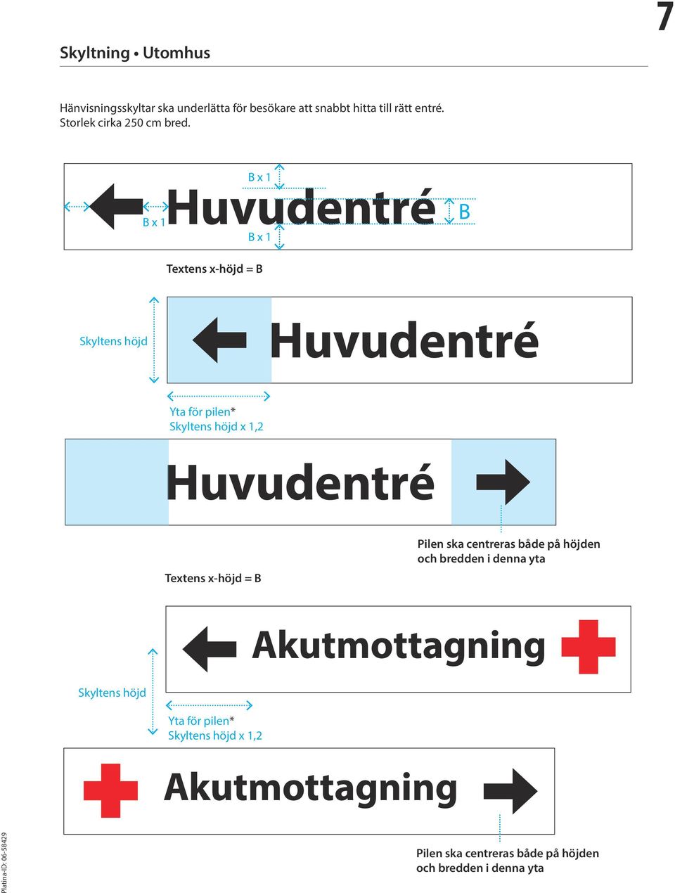 B x 1 B x 1 Huvudentré B x 1 B Textens x-höjd = B Skyltens höjd Huvudentré Yta för pilen* Skyltens höjd x 1,2