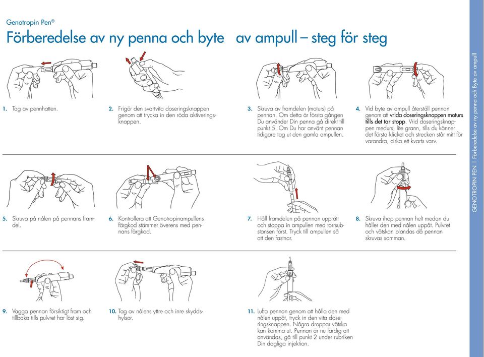 Vid byte av ampull återställ pennan genom att vrida doseringsknappen moturs tills det tar stopp.