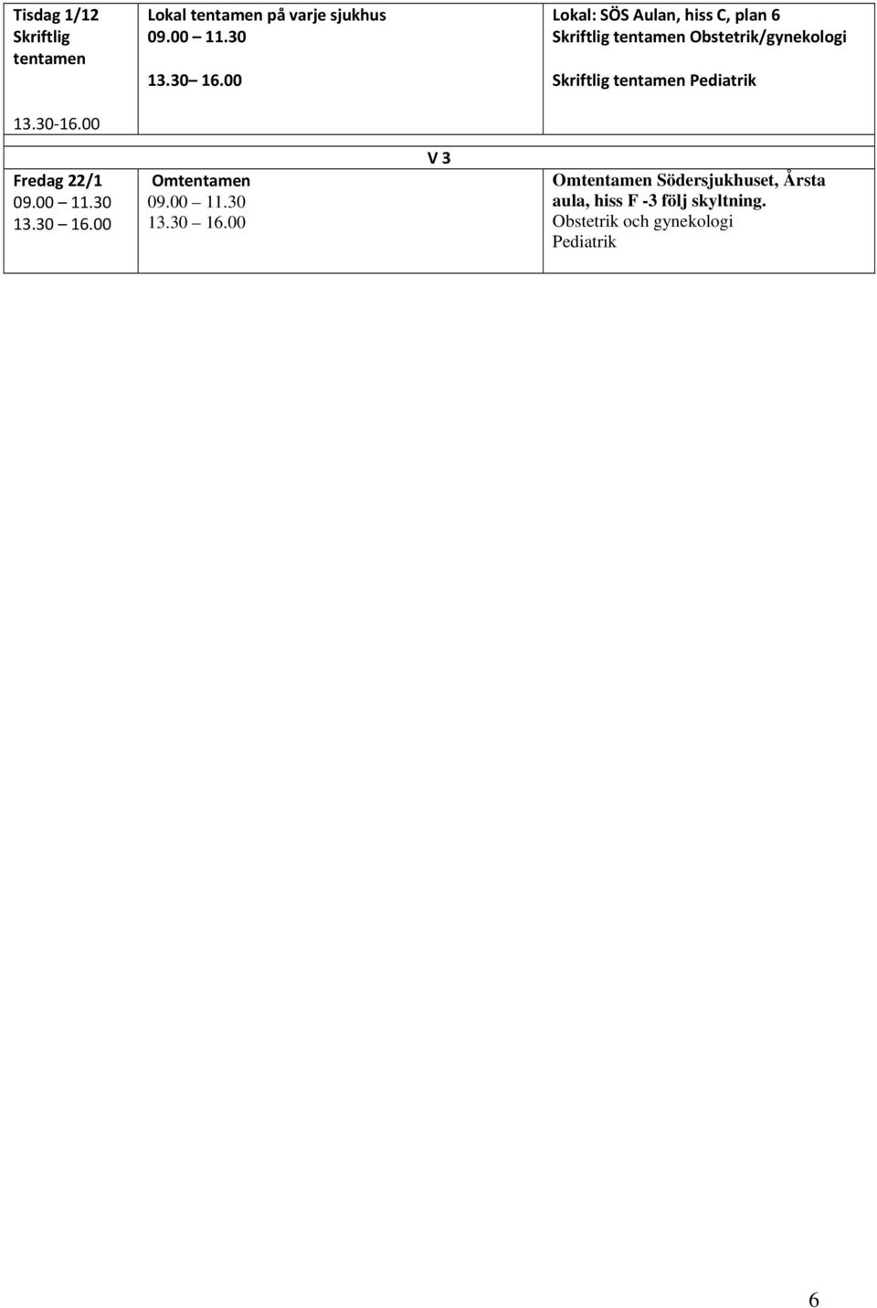 Pediatrik 13.30 16.00 Fredag 22/1 09.00 11.30 13.30 16.00 Omtentamen 09.00 11.30 13.30 16.00 V 3 Omtentamen Södersjukhuset, Årsta aula, hiss F -3 följ skyltning.