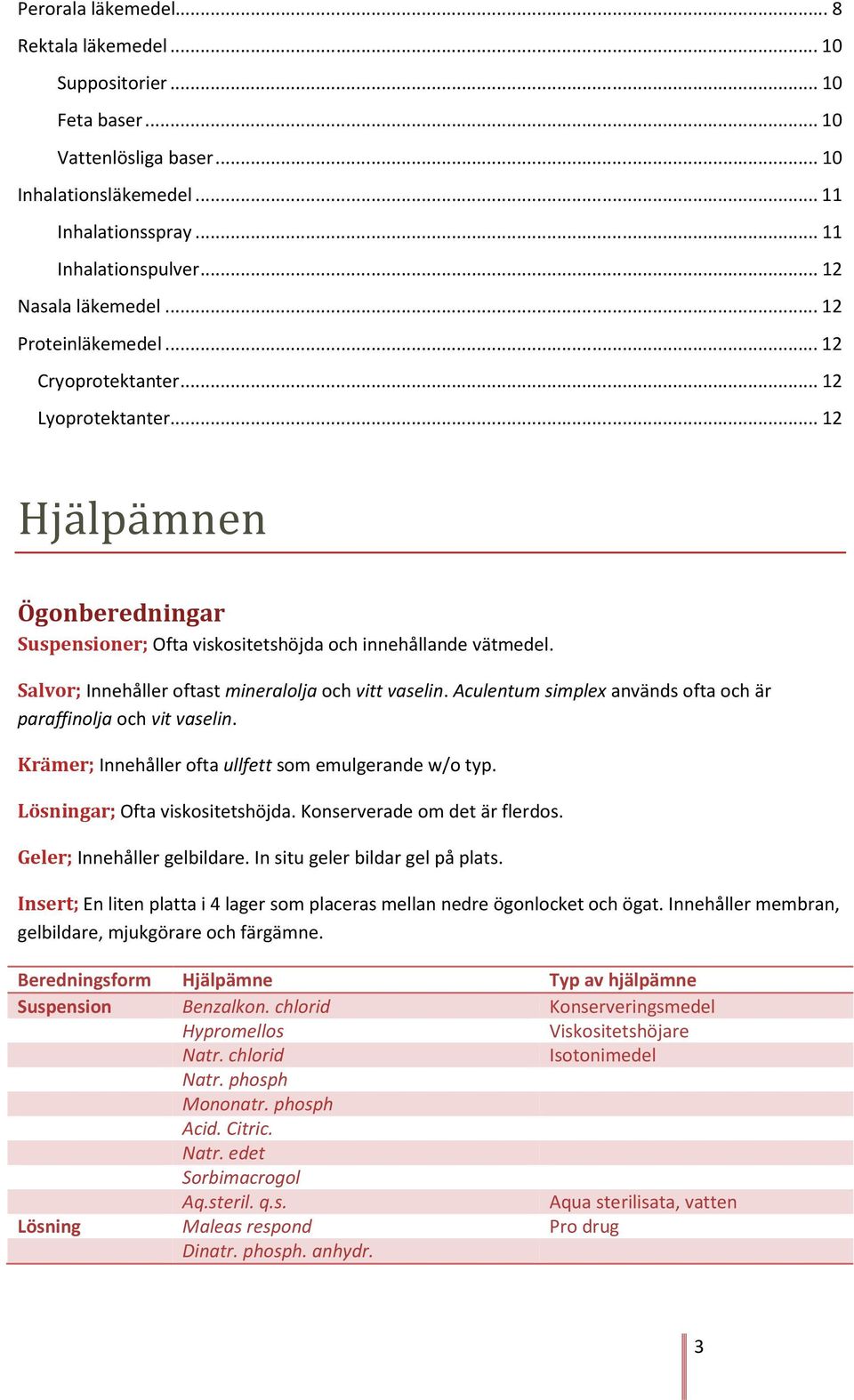 Salvor; Innehåller oftast mineralolja och vitt vaselin. Aculentum simplex används ofta och är paraffinolja och vit vaselin. Krämer; Innehåller ofta ullfett som emulgerande w/o typ.