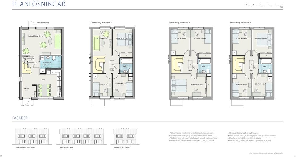 11 m 2 SOVRUM 9 m 2 SOVRUM 11 m 2 SOVRUM 9 m 2 VARDASRUM 20 m2 ALLRUM 10 m2 snörasskydd TT PLANLÖSNINAR Bottenvåning Övervåning, alternativ 1 Övervåning, alternativ 2 Övervåning, alternativ 3