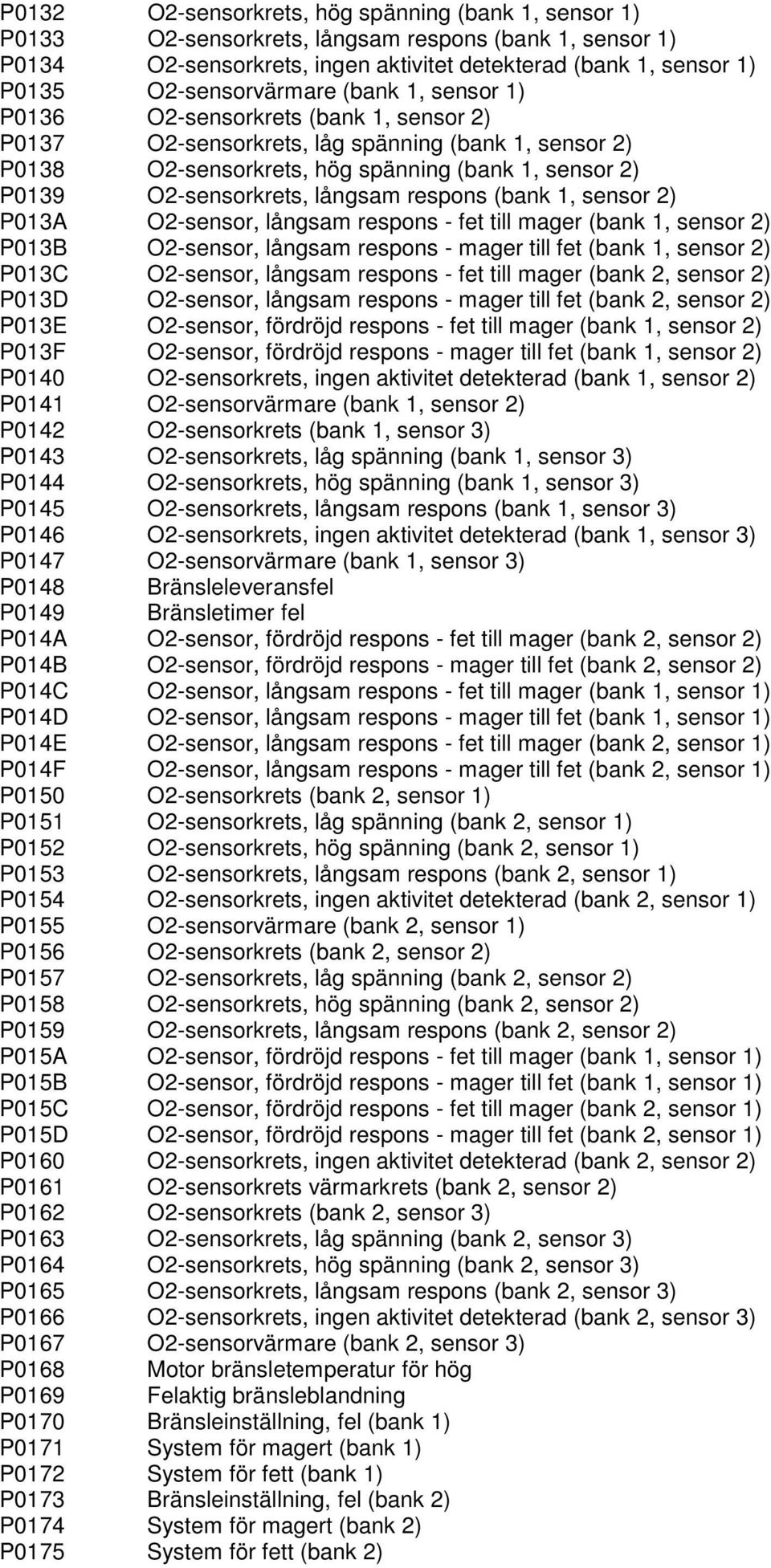 O2-sensorkrets, långsam respons (bank 1, sensor 2) P013A O2-sensor, långsam respons - fet till mager (bank 1, sensor 2) P013B O2-sensor, långsam respons - mager till fet (bank 1, sensor 2) P013C