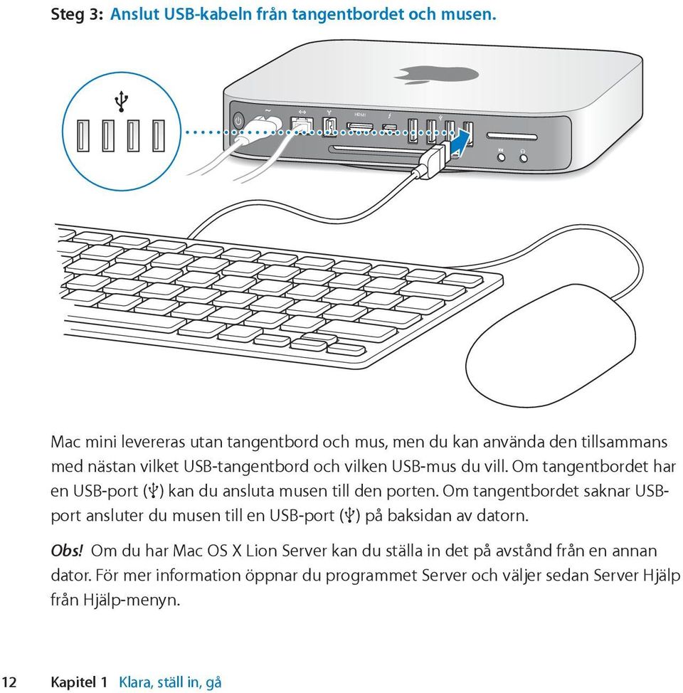 Om tangentbordet har en USB-port (d) kan du ansluta musen till den porten.