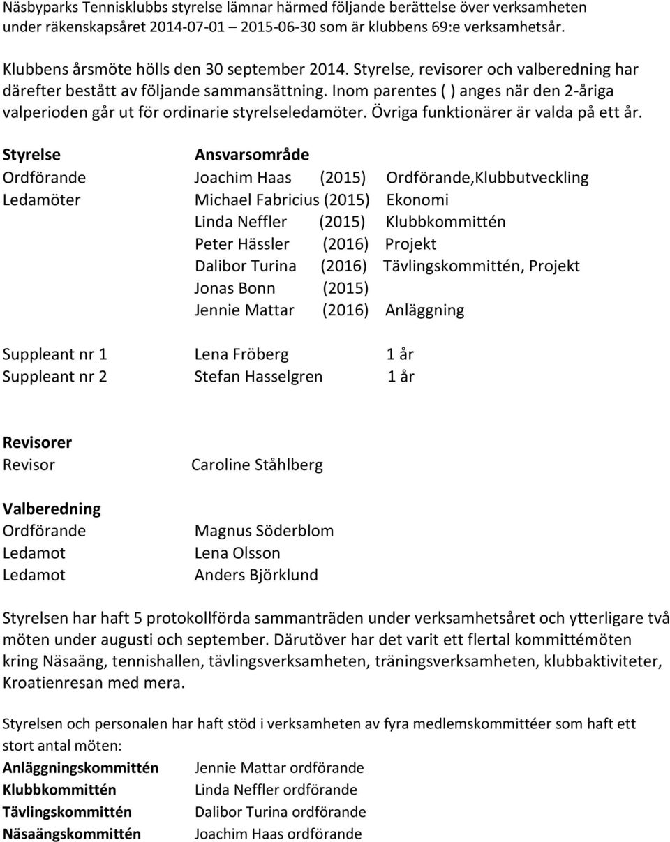 Inom parentes ( ) anges när den 2-åriga valperioden går ut för ordinarie styrelseledamöter. Övriga funktionärer är valda på ett år.