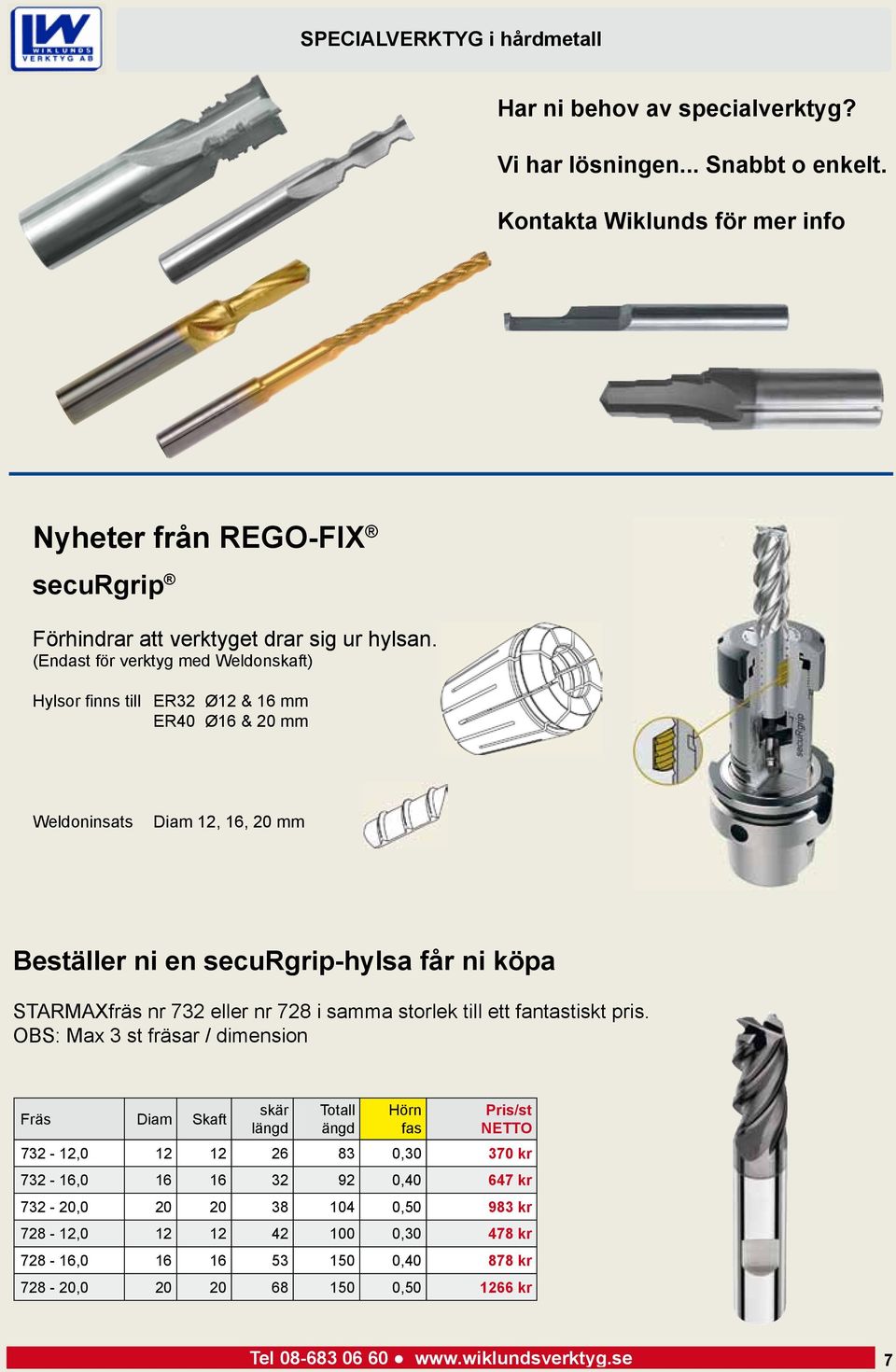 (Endast för verktyg med Weldonskaft) Hylsor finns till ER32 Ø12 & 16 mm ER40 Ø16 & 20 mm Weldoninsats Diam 12, 16, 20 mm Beställer ni en securgrip-hylsa får ni köpa STARMAXfräs nr 732 eller nr