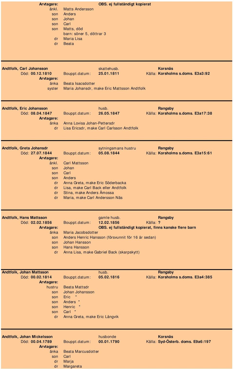 datum: 26.05.1847 Källa: Korsholms s.doms. E3a17:38 änka Anna Lovisa Johan-Petters Erics, make Carl Carlsson Andtfolk Andtfolk, Greta Johans sytningsmans hustru Rangsby Död: 27.07.1844 Bouppt.