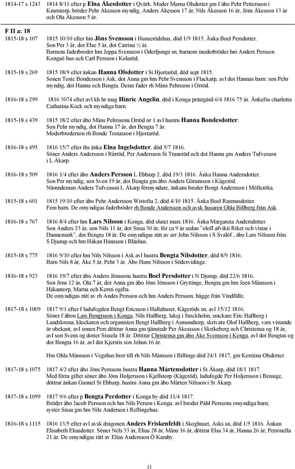 F II a: 18 1815-18 s 107 1815 10/10 efter hm Jöns Svensson i Hunserödshus, död 1/9 1815. Änka Boel Persdotter. Son Per 3 år, dot Else 5 år, dot Catrina ½ år.