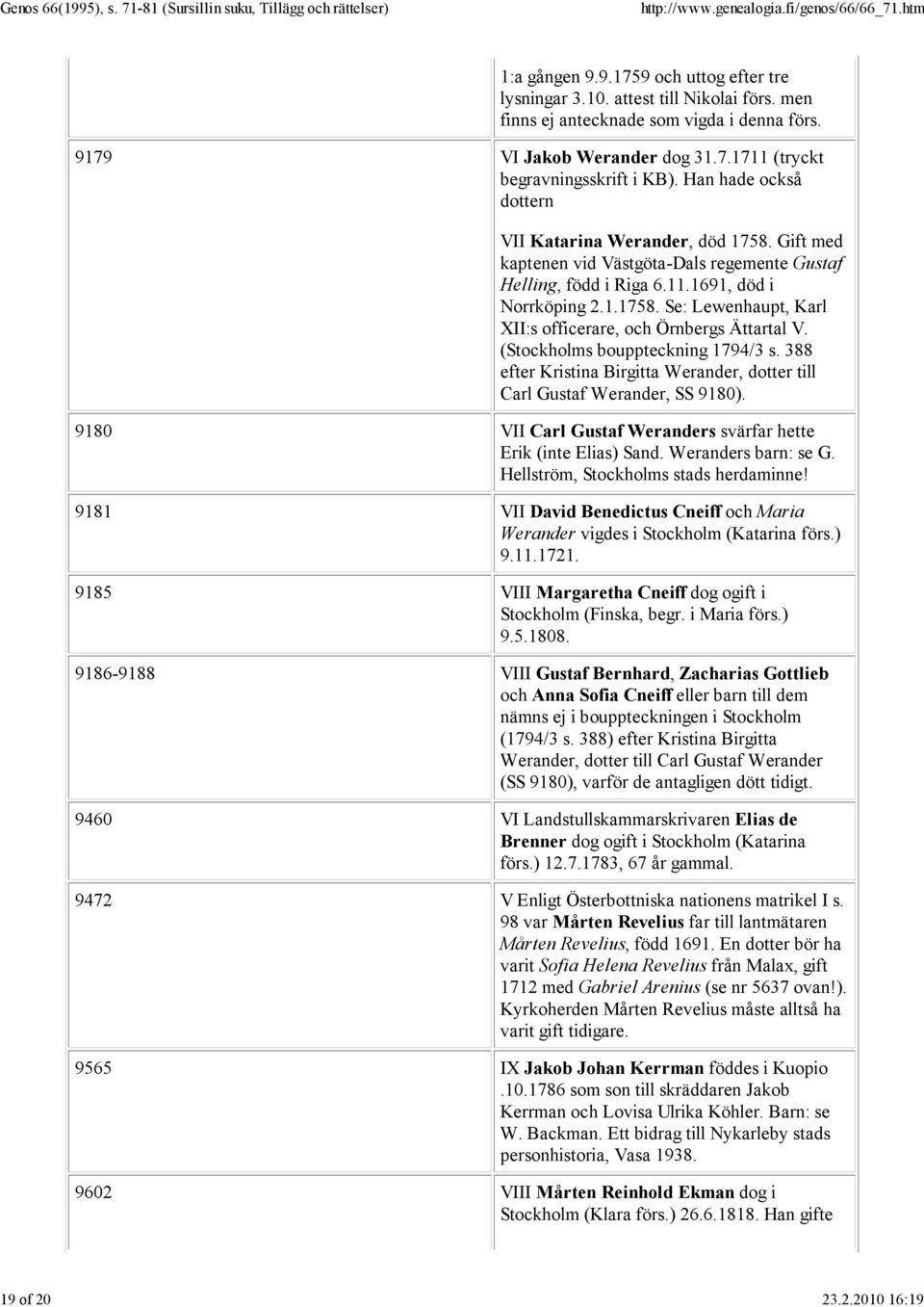 (Stockholms bouppteckning 1794/3 s. 388 efter Kristina Birgitta Werander, dotter till Carl Gustaf Werander, SS 9180). 9180 VII Carl Gustaf Weranders svärfar hette Erik (inte Elias) Sand.