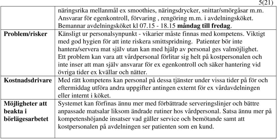 Patienter bör inte hantera/servera mat själv utan kan med hjälp av personal ges valmöjlighet.