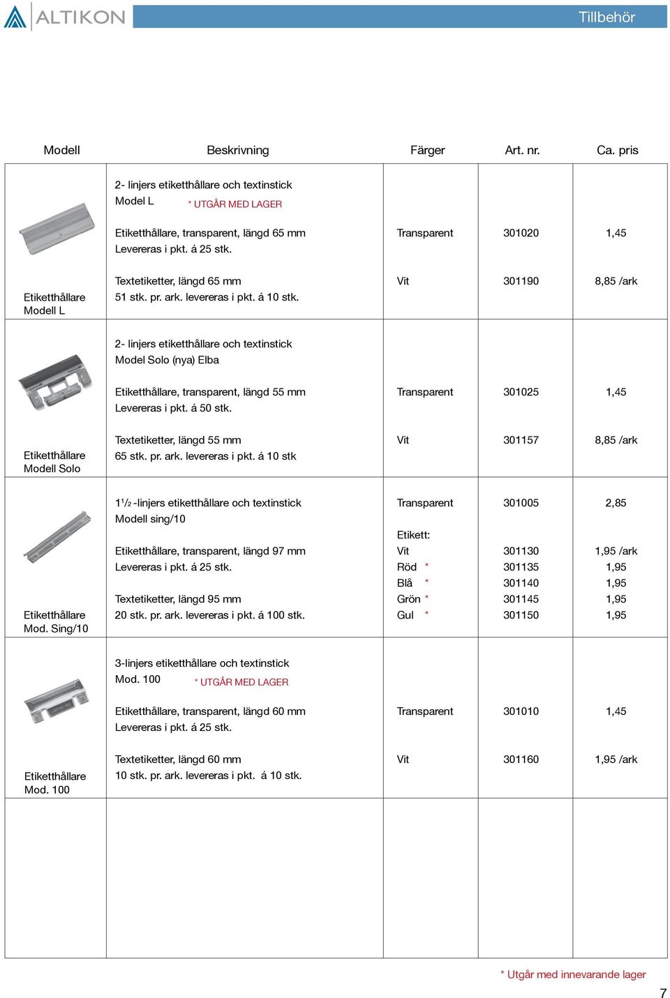 2- linjers etiketthållare och textinstick Model Solo (nya) Elba Etiketthållare, transparent, längd 55 mm Transparent 301025 1,45 Levereras i pkt. á 50 stk.