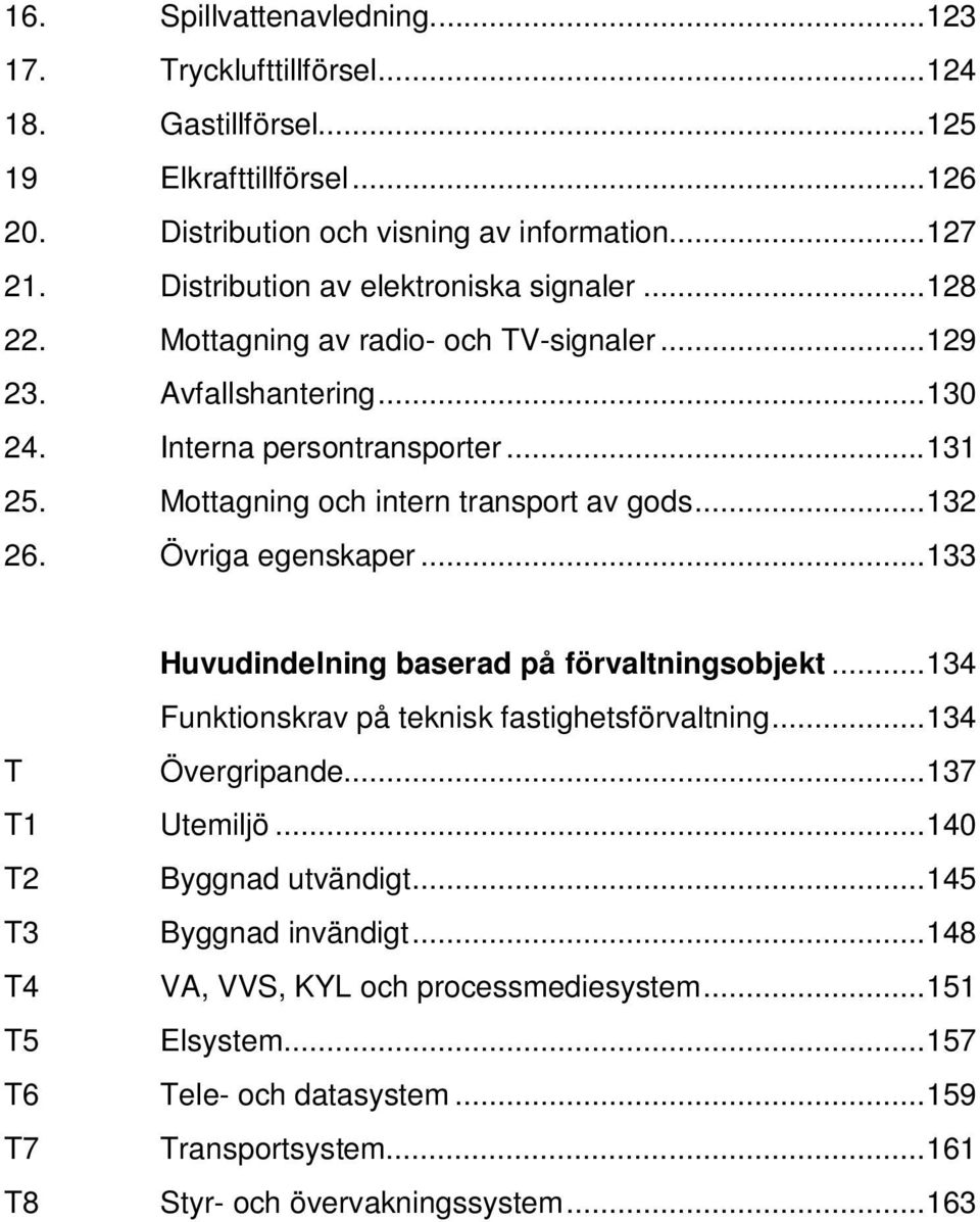 Mottagning och intern transport av gods...132 26. Övriga egenskaper...133 Huvudindelning baserad på förvaltningsobjekt...134 Funktionskrav på teknisk fastighetsförvaltning.