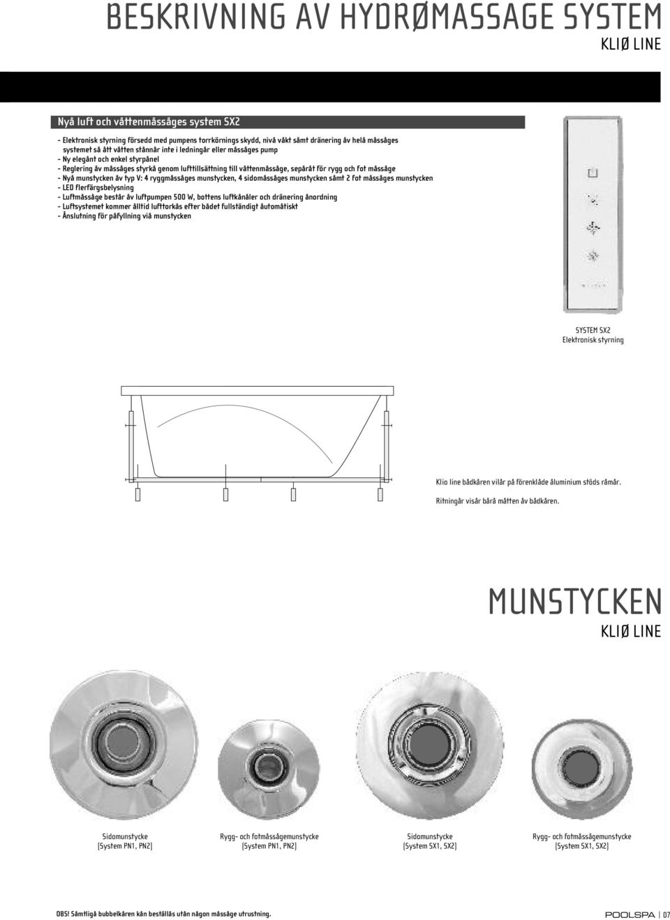 Nya munstycken av typ V: 4 ryggmassages munstycken, 4 sidomassages munstycken samt 2 fot massages munstycken - LED flerfärgsbelysning - Luftmassage bestar av luftpumpen 500 W, bottens luftkanaler och