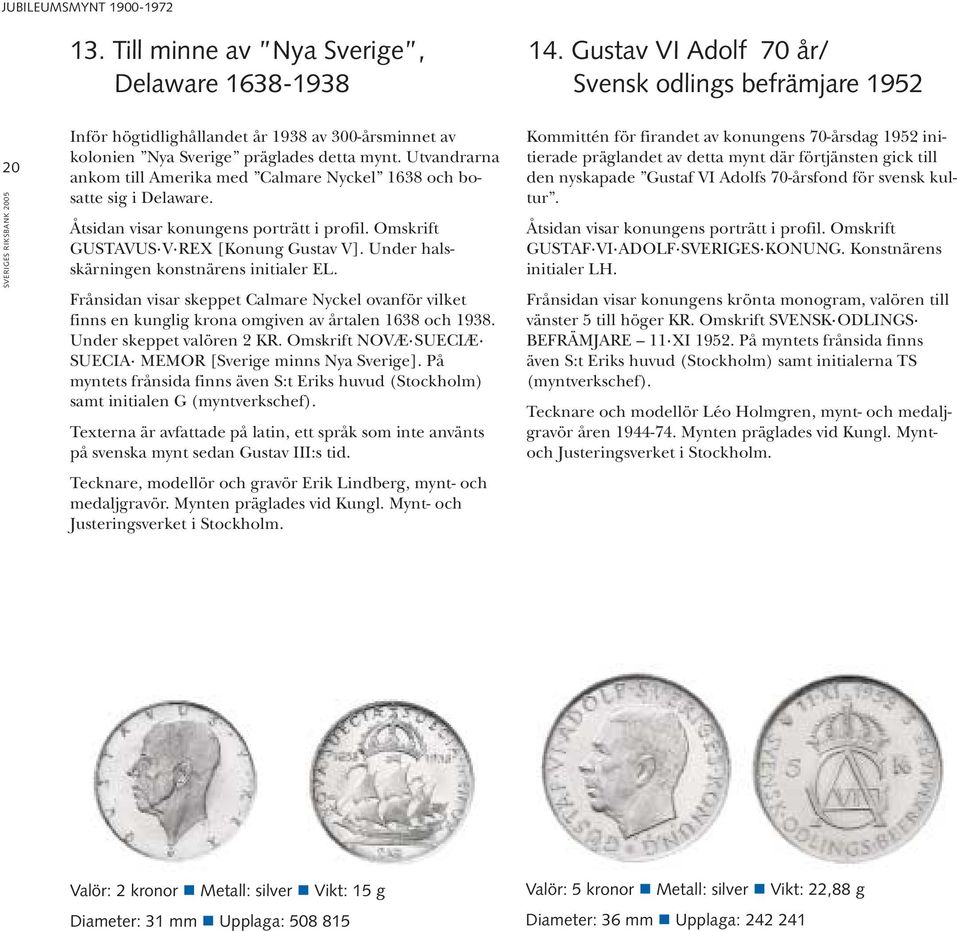 Utvandrarna ankom till Amerika med Calmare Nyckel 1638 och bosatte sig i Delaware. Åtsidan visar konungens porträtt i profil. Omskrift GUSTAVUS V REX [Konung Gustav V].