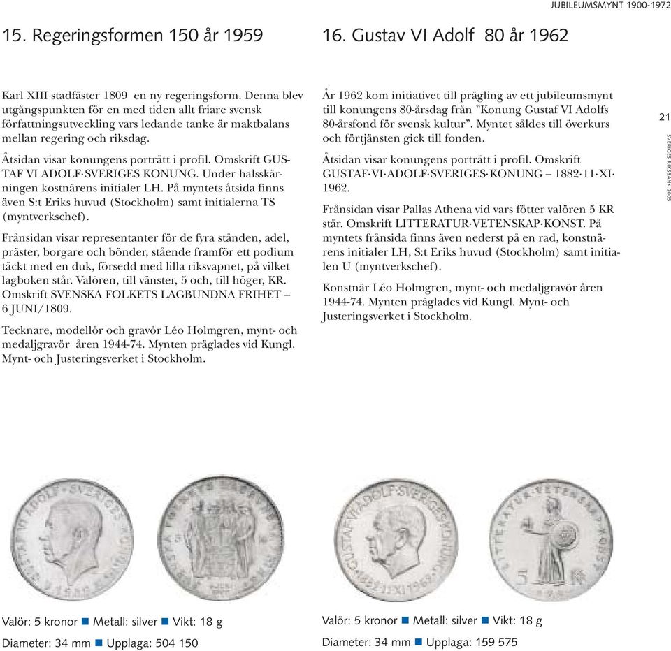 Omskrift GUS- TAF VI ADOLF SVERIGES KONUNG. Under halsskärningen kostnärens initialer LH. På myntets åtsida finns även S:t Eriks huvud (Stockholm) samt initialerna TS (myntverkschef).