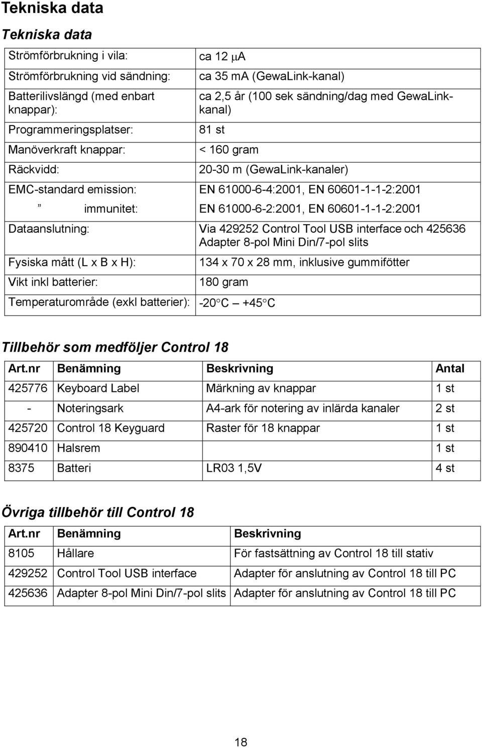 61000-6-2:2001, EN 60601-1-1-2:2001 Dataanslutning: Via 429252 Control Tool USB interface och 425636 Adapter 8-pol Mini Din/7-pol slits Fysiska mått (L x B x H): Vikt inkl batterier: 134 x 70 x 28