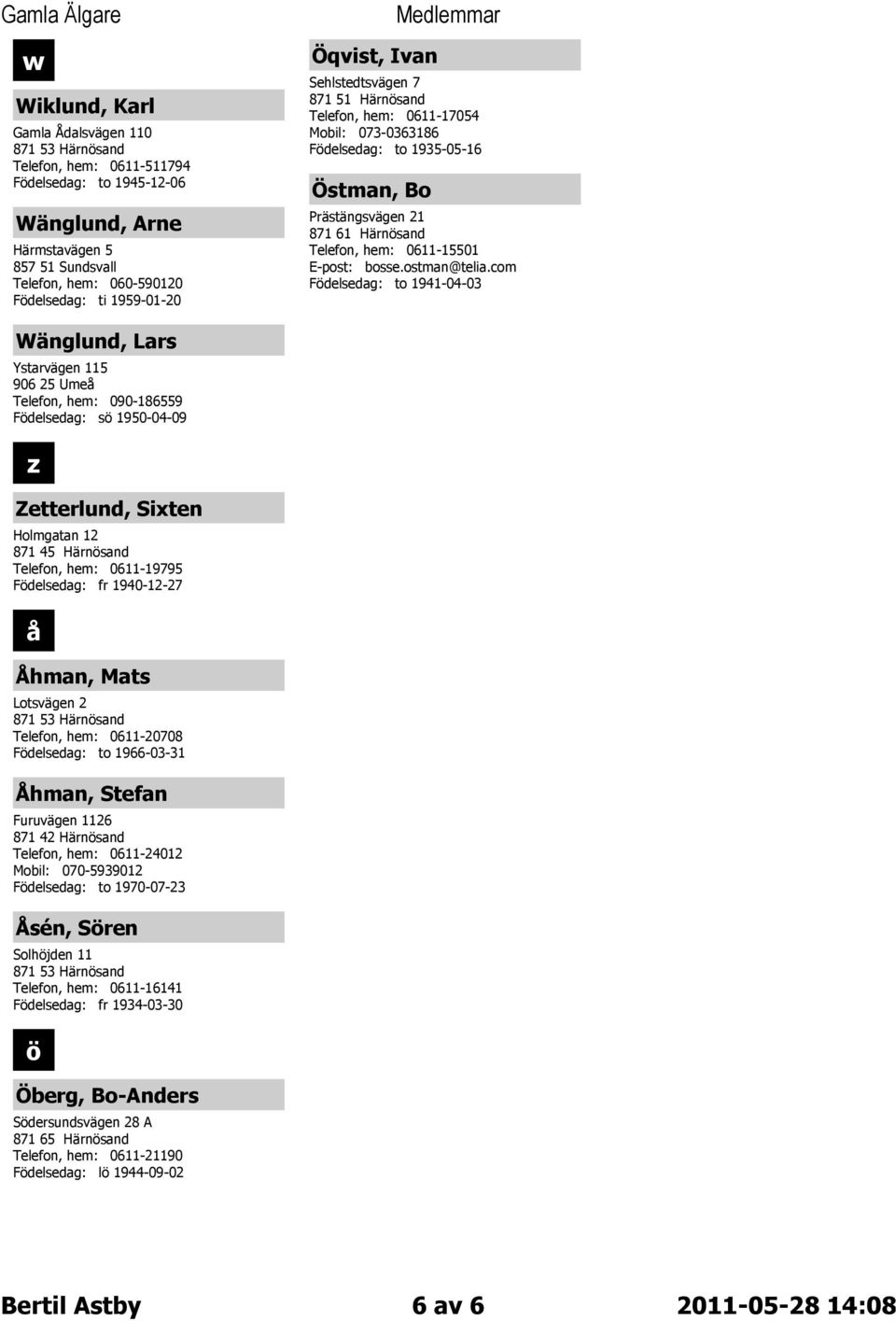 com Födelsedag: to 1941-04-03 Wänglund, Lars Ystarvägen 115 906 25 Umeå Telefon, hem: 090-186559 Födelsedag: sö 1950-04-09 z Zetterlund, Sixten Holmgatan 12 871 45 Härnösand Telefon, hem: 0611-19795