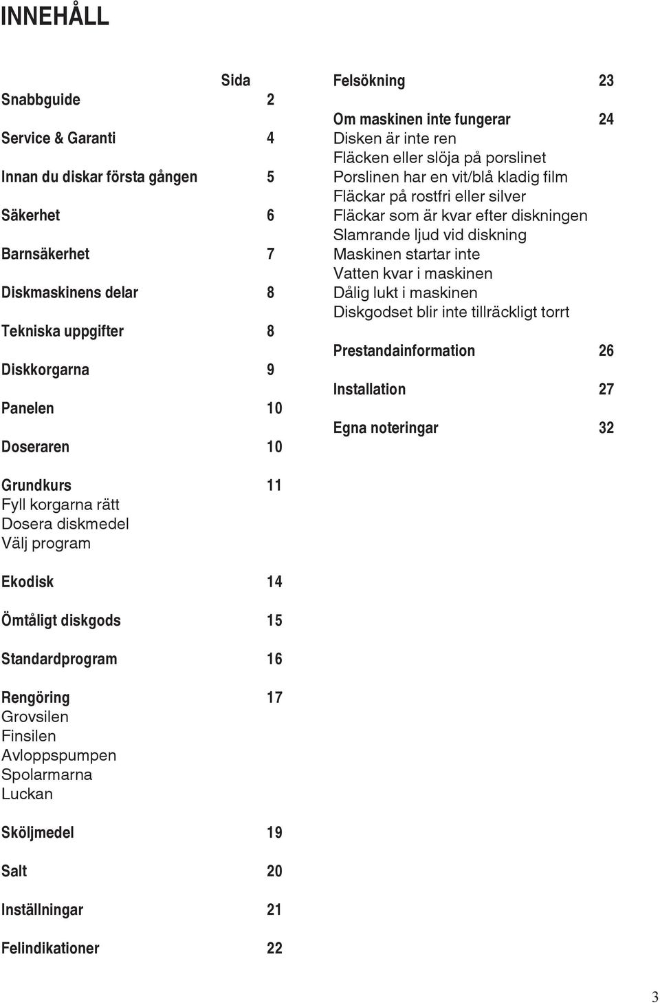 ljud vid diskning Maskinen startar inte Vatten kvar i maskinen Dålig lukt i maskinen Diskgodset blir inte tillräckligt torrt Prestandainformation 26 Installation 27 Egna noteringar 32 Grundkurs 11