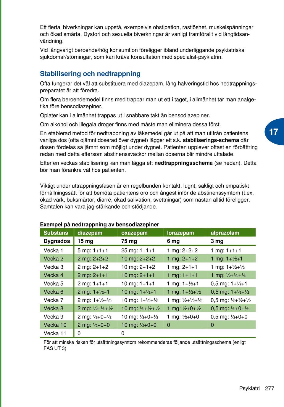 Stabilisering och nedtrappning Ofta fungerar det väl att substituera med diazepam, lång halveringstid hos nedtrappningspreparatet är att föredra.