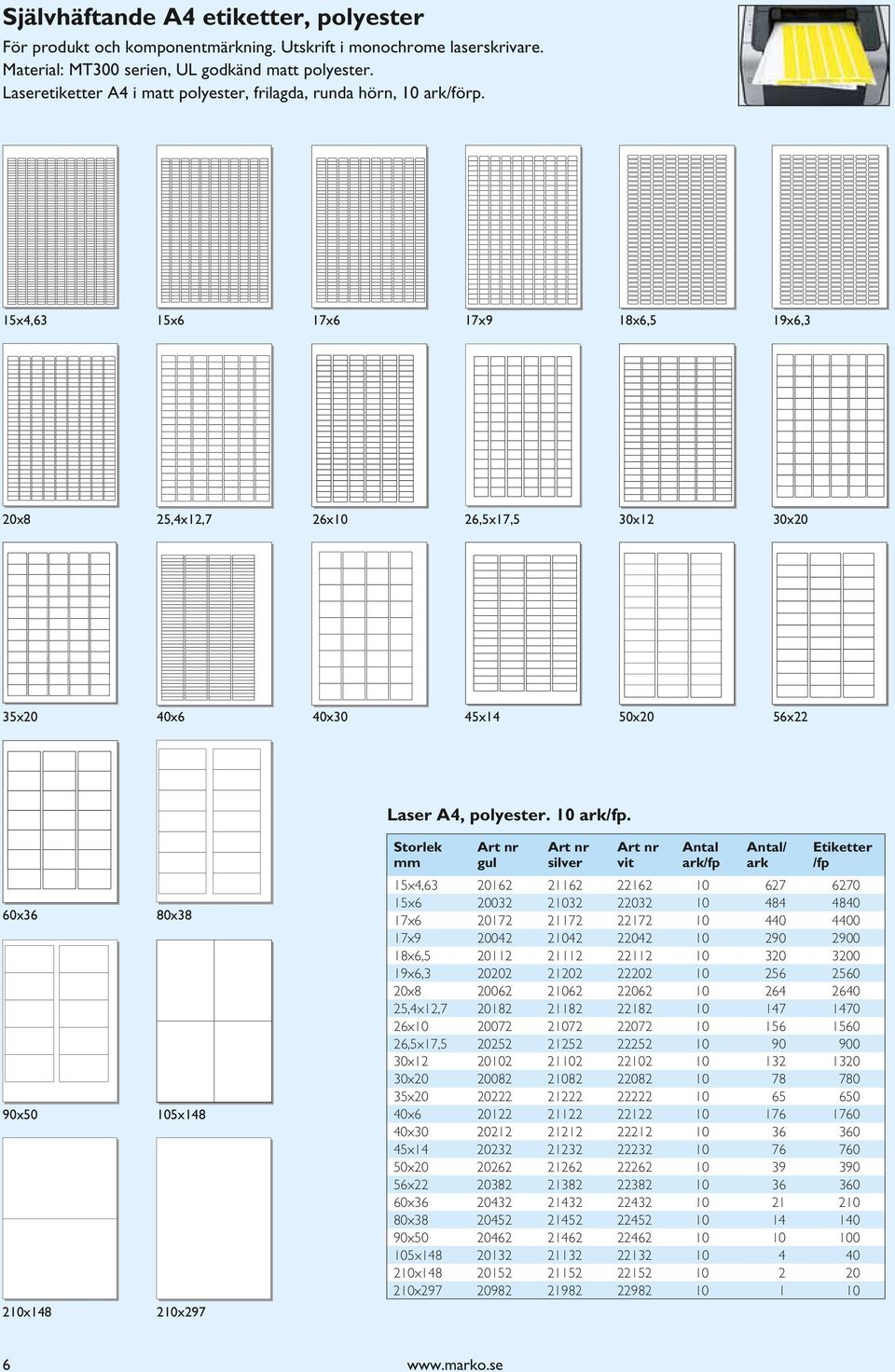 15x4,63 15x6 17x6 17x9 18x6,5 19x6,3 20x8 25,4x12,7 26x10 26,5x17,5 30x12 30x20 35x20 40x6 40x30 45x14 50x20 56x22 Laser A4, polyester. 10 ark/fp.