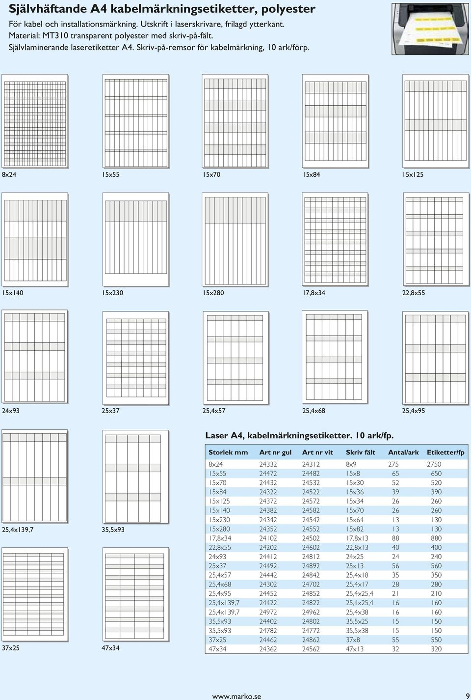 8x24 15x55 15x70 15x84 15x125 15x140 15x230 15x280 17,8x34 22,8x55 24x93 25x37 25,4x57 25,4x68 25,4x95 Laser A4, kabelmärkningsetiketter. 10 ark/fp.