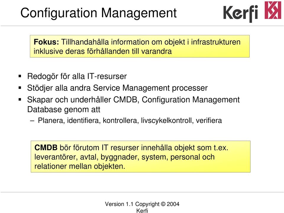 Configuration Management Database genom att Planera, identifiera, kontrollera, livscykelkontroll, verifiera CMDB bör