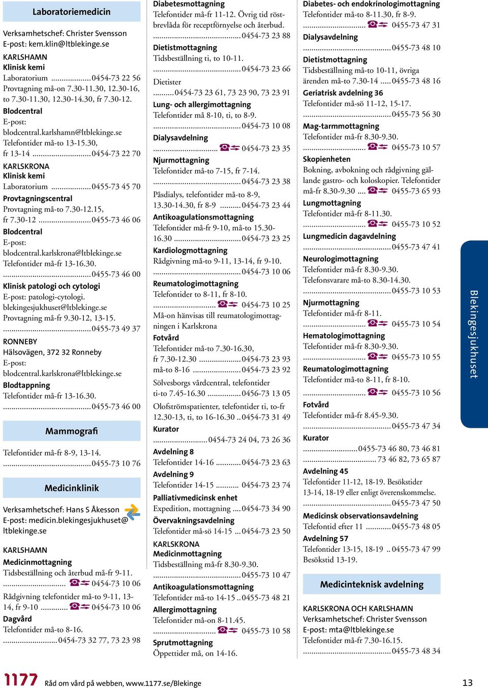 ..0455-73 45 70 Provtagningscentral Provtagning må-to 7.30-12.15, fr 7.30-12...0455-73 46 06 Blodcentral E-post: blodcentral.karlskrona@ltblekinge.se Telefontider må-fr 13-16.30....0455-73 46 00 Klinisk patologi och cytologi E-post: patologi-cytologi.